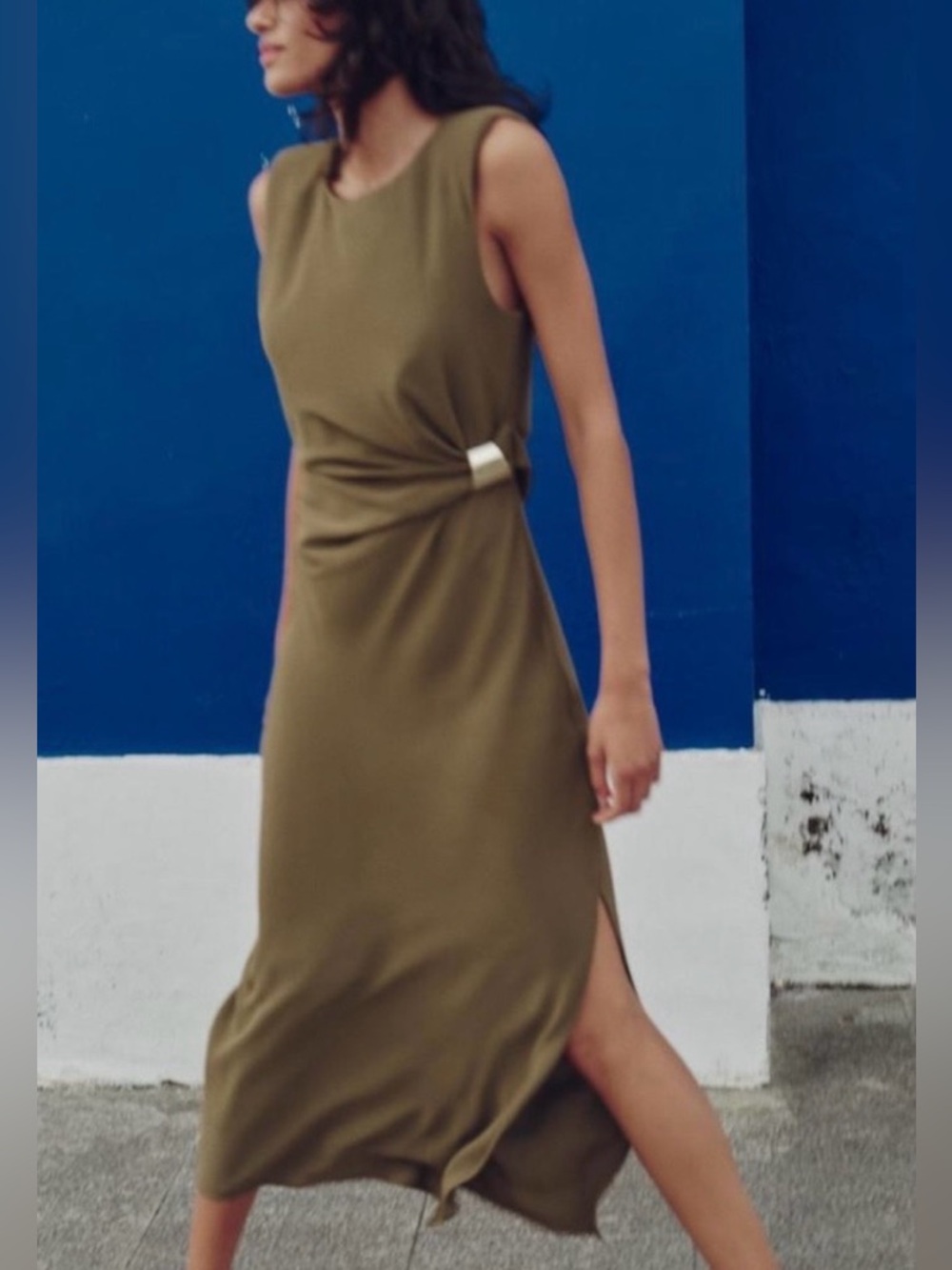 Zara Draped Midi Dress Ruched Gold Buckle Detail Small Sleeveless Cocktail Party